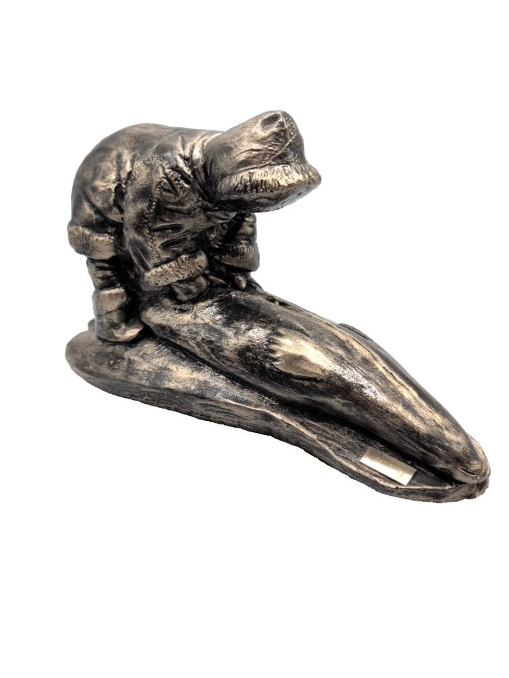 Vintage Inuit Seal Hunter Chalkware Statuette Bronze/Black Couple Tiny Chips GUC
